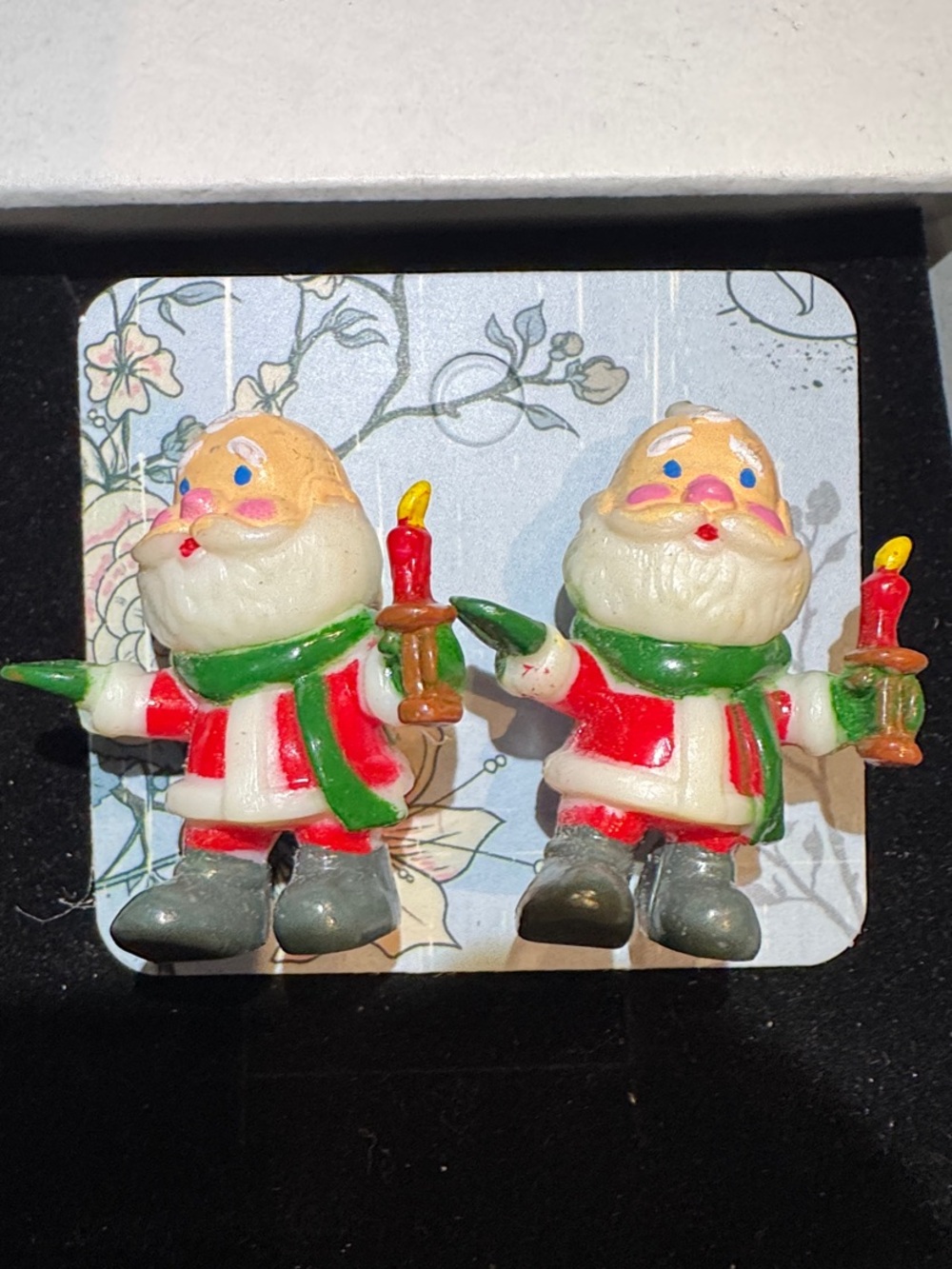 Vintage Holiday Santa Figurine Christmas earrings in Red and Green -